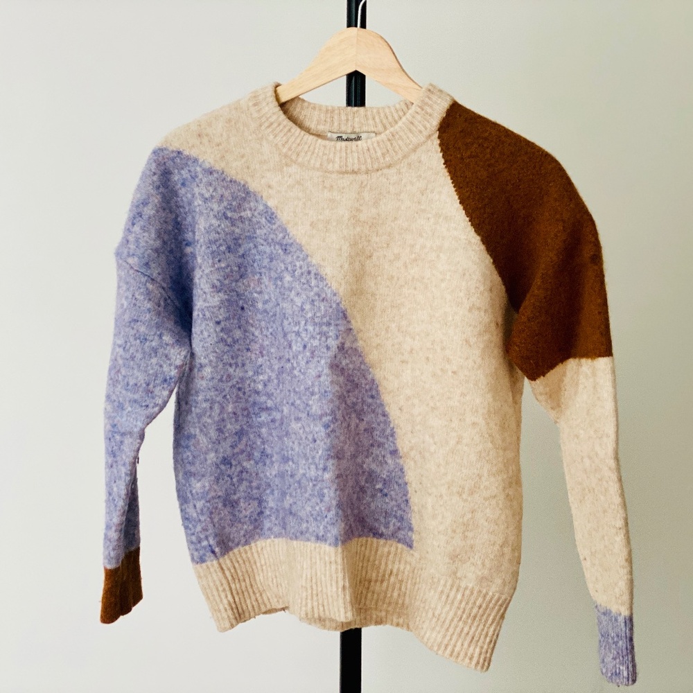 Madewell Cedarbrook: Colorblock Crewneck Sweater in Cream, Lavender & Brown